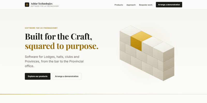 The Ashlar Technologies homepage: cream and gold with an isometric stone wall
