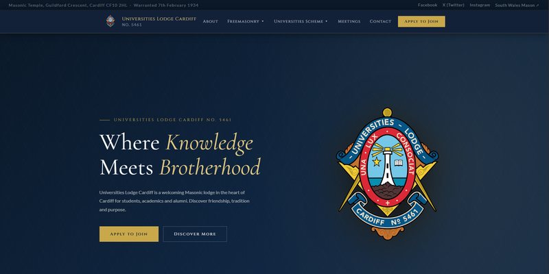 The Universities Lodge Cardiff homepage: navy and gold with the lodge crest