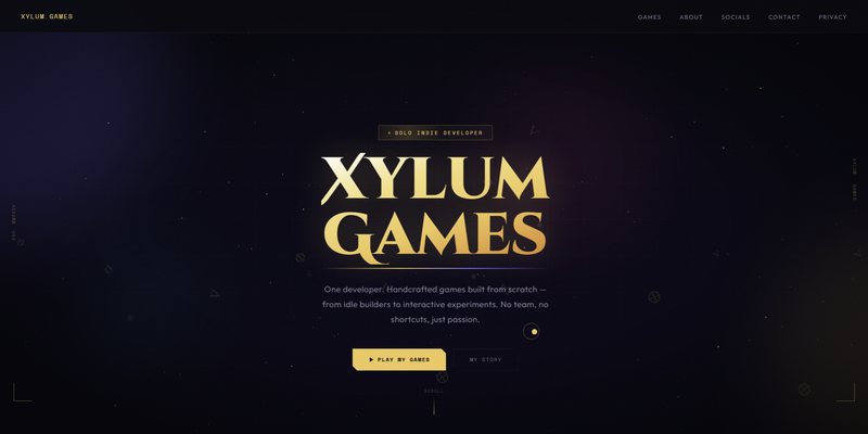 The Xylum Games homepage: a dark scrolling site with a large gold wordmark